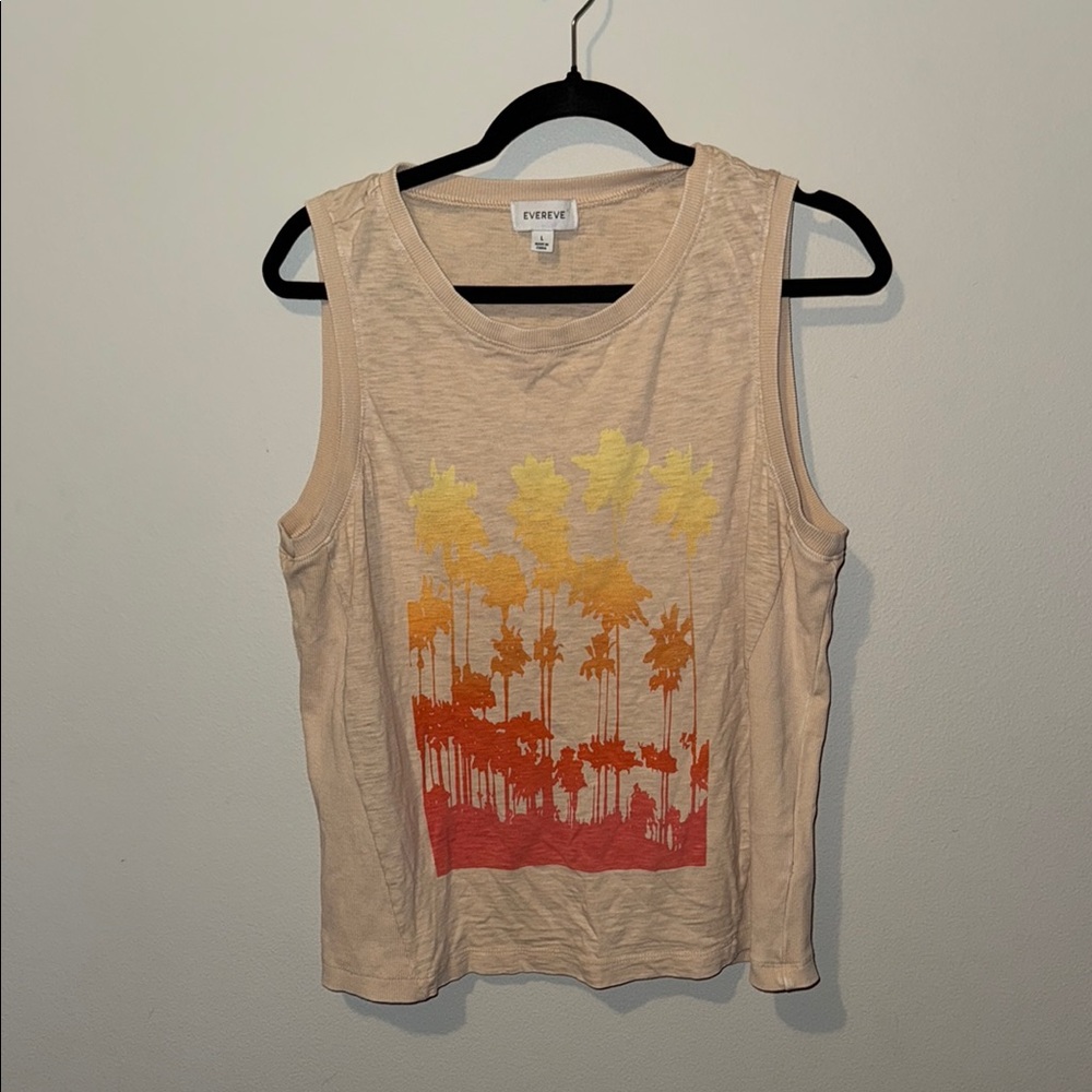 Evereve Tan Tank Palm Trees Orange Summer Ribbed Sides Womens Large Beach Vacay